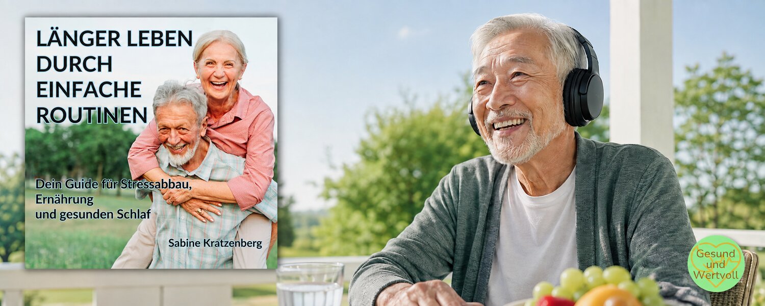 Hörbuch-Titelbild: Länger leben durch einfache Routinen – Dein Guide für Stressabbau, Ernährung und gesunden Schlaf
